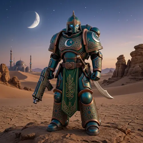 Islamic-Inspired Sci-Fi Warrior in Desert Landscape | Space Marine Art