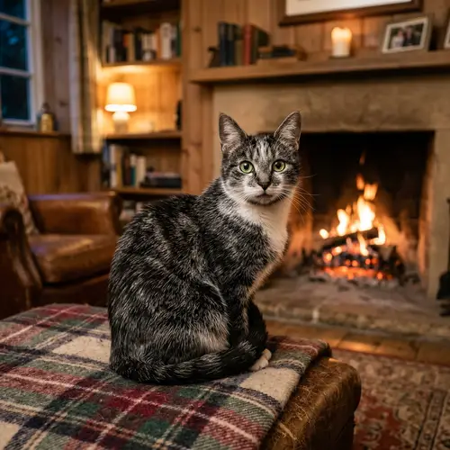 Salt and Pepper Domestic Cat with Bright Green Eyes | Cozy Living Room