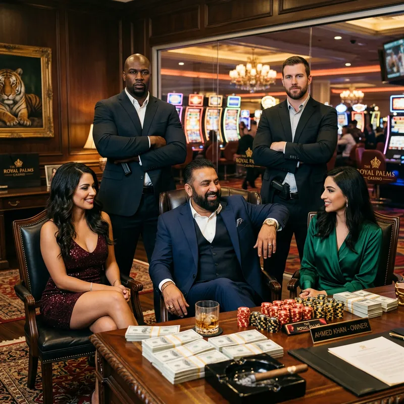 Luxurious Casino Owner Surrounded by Exotic Women & Vigilant Guards