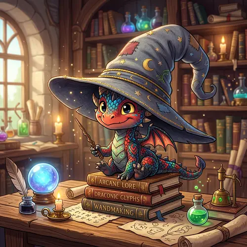 Colorful Tiny Dragon with Oversized Wizard Hat | Fun & Detailed Fantasy Art
