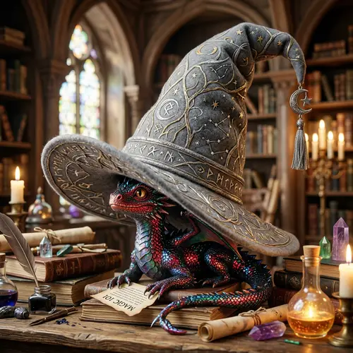 Fantastical Tiny Dragon with Red, Blue, Green, Black Scales and Huge Wizard Hat