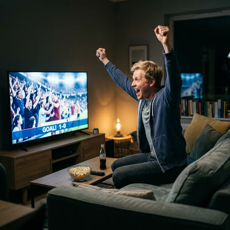Excited Blond Man Watching TV on Sofa Excited Blond Man Watching TV on Sofa