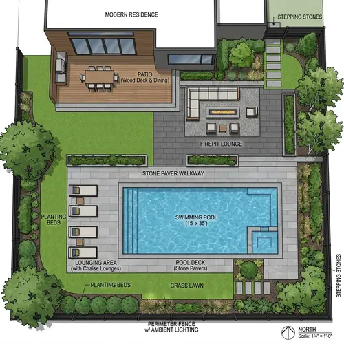 Modern Backyard Layout with Swimming Pool & Lounge Area