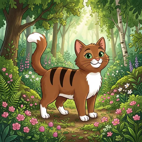 Cartoonish Brown Cat in Lush Forest Setting