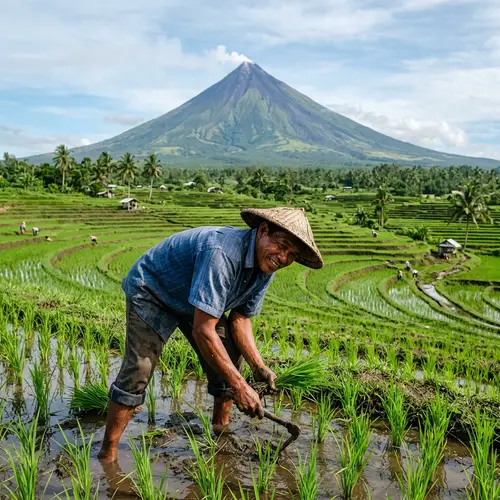 Filipino Farmer in Lush Green Fields | Mount Mayon View