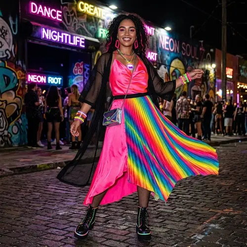 Neon Culture Fashion Ensemble: Vibrant Neon Silk Top, Mesh Cover-Up, Rainbow Skirt