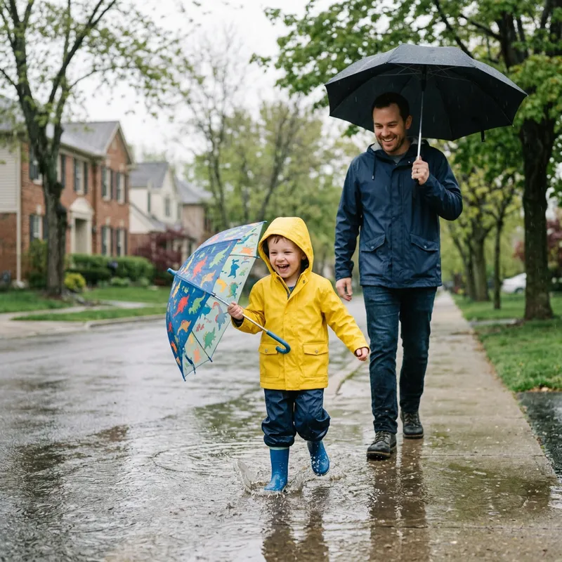 Happy Child Walking in the Rain with Dad