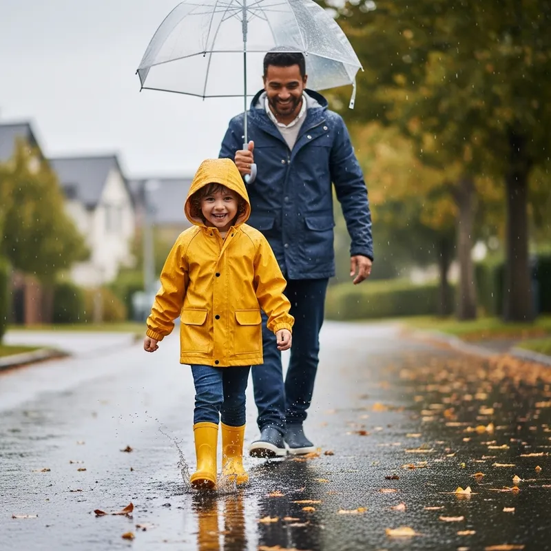 Happy Child Walking in the Rain with Dad