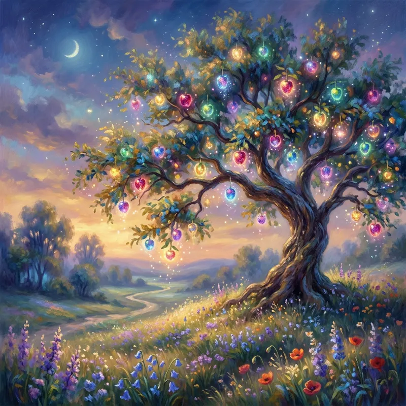 Ethereal Tree with Vibrant Spiritual Fruits