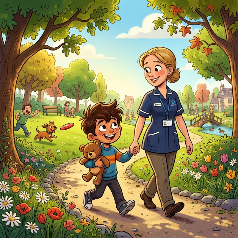 Playful Pixar-Style Animation: Boy and Caretaker in Park Scene Playful Pixar-Style Animation: Boy and Caretaker in Park Scene