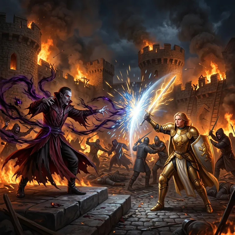 Epic Battle: Vampire Mage vs Paladin in Flaming Medieval Castle Epic Battle: Vampire Mage vs Paladin in Flaming Medieval Castle