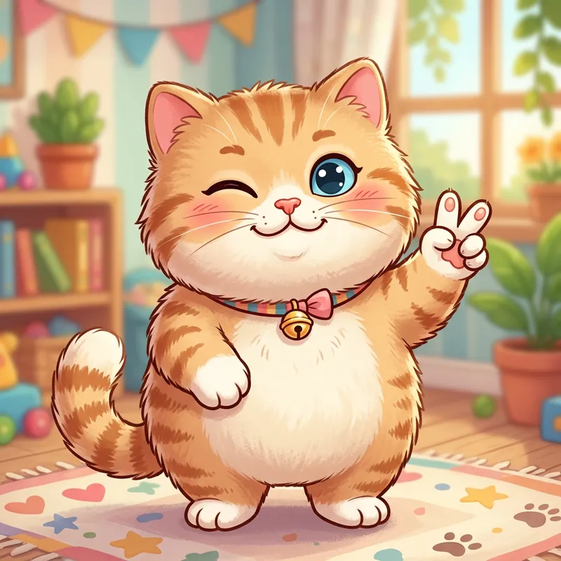 Cute Cartoon Cat with Scissors Hand Gesture Cute Cartoon Cat with Scissors Hand Gesture