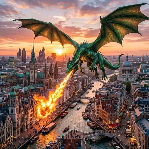 Majestic Green Dragon Soaring Over Intricate Cityscape