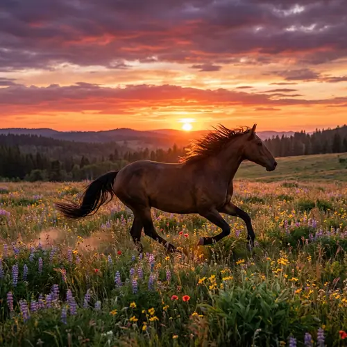 Graceful Horse Running in Wild Sunset Meadow