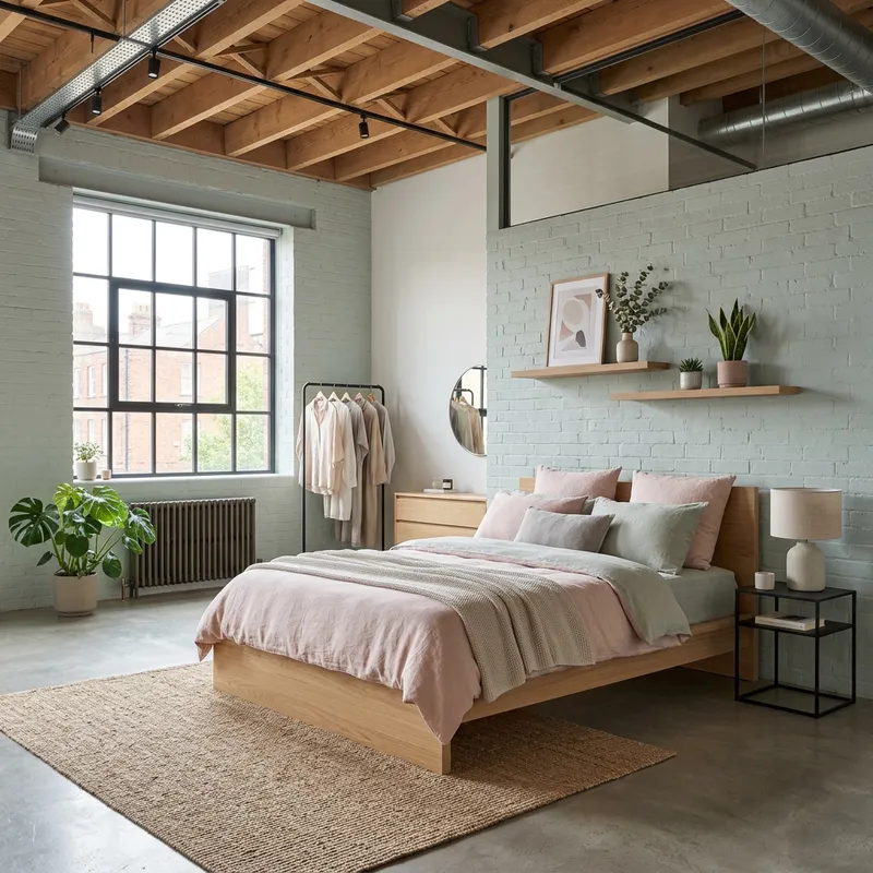 Minimalist Loft Bedroom Interior in Pastel Tones | Modern Design Ideas