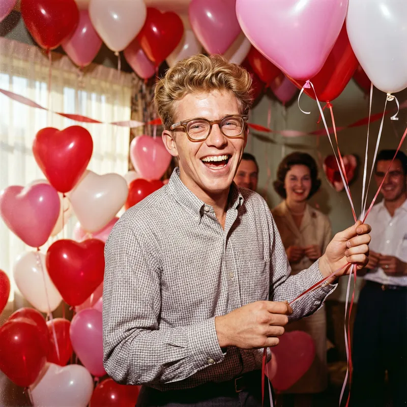 Joyful Young Man in Heart Balloon Room | Vibrant Portrait Photography Joyful Young Man in Heart Balloon Room | Vibrant Portrait Photography