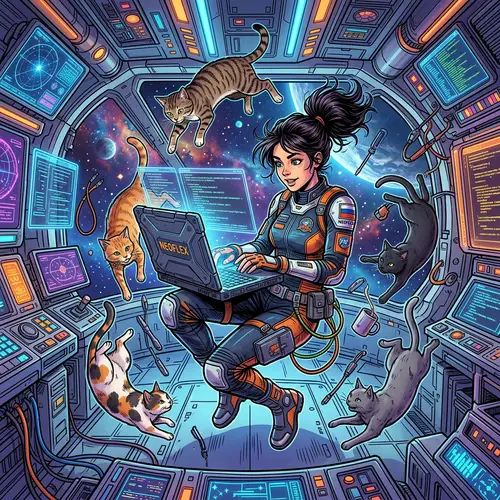 Futuristic Slavic Girl in Space with Cats | NEOFLEX Comic Adventure