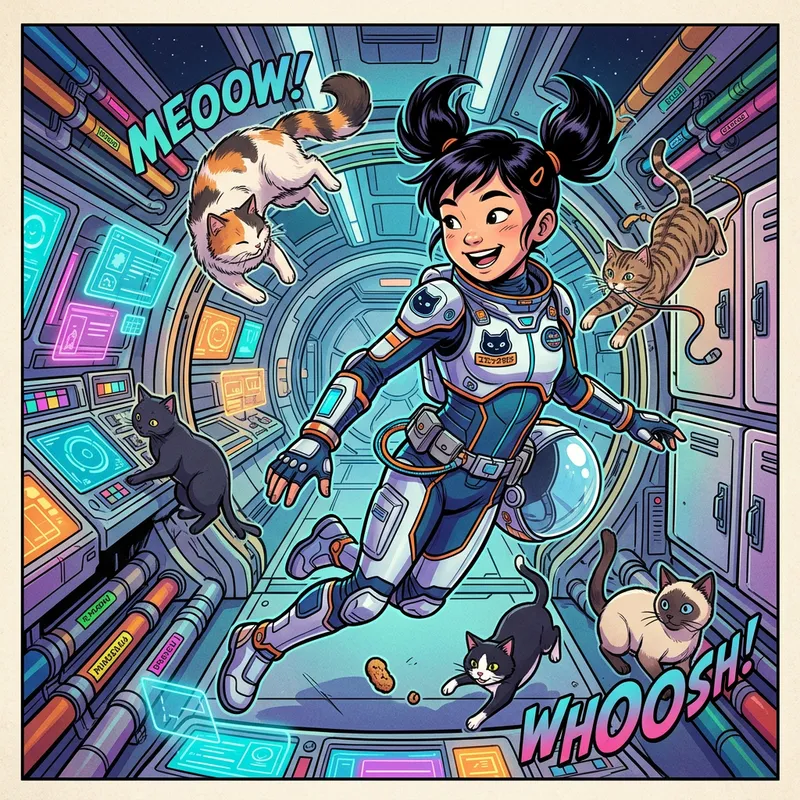 Young Girl in Futuristic Spaceship Surrounded by Floating Cats