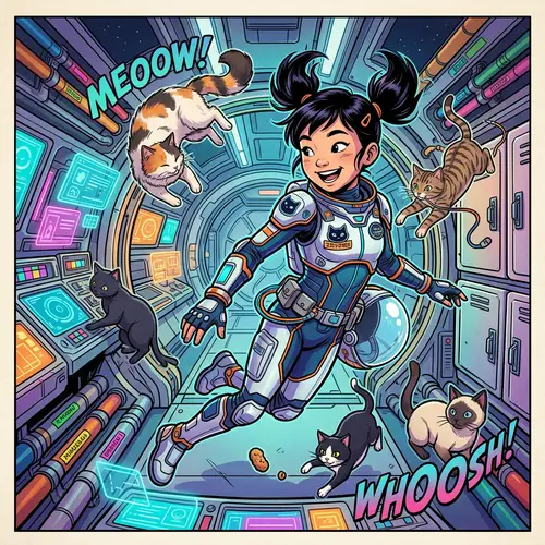 Young Asian Girl in Futuristic Spaceship with Floating Cats