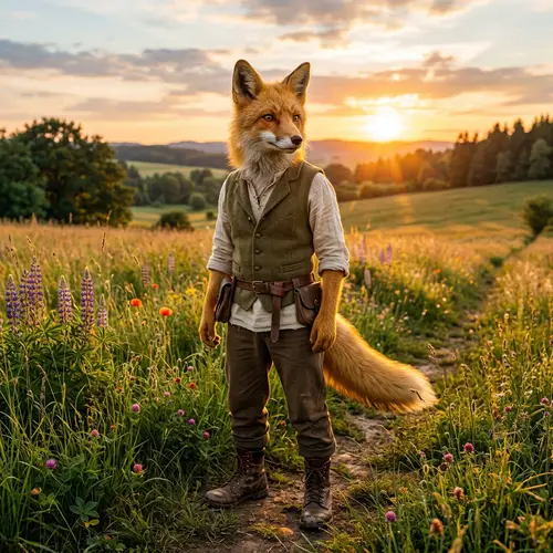 Golden Fur Anthropomorphic Fox in Grassy Meadow