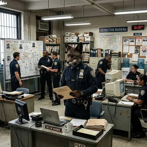 Anthropomorphic Fox in Police Uniform at Busy Police Station