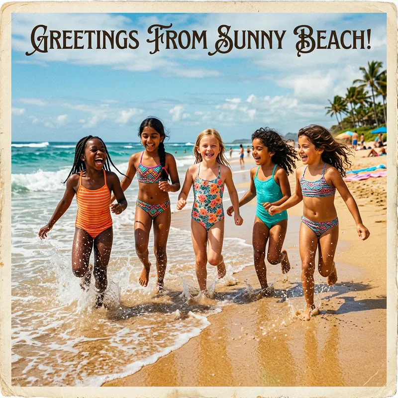 Vibrant Girls in Colorful Swimsuits at Sunny Beach | Vintage Joy