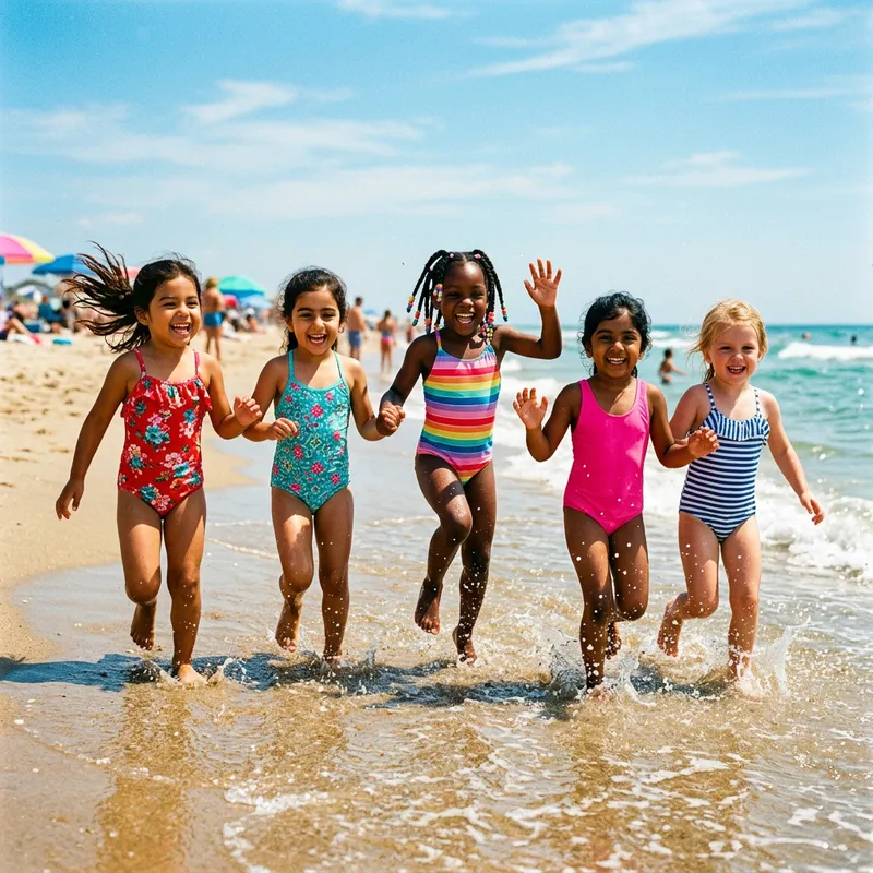 Joyful Little Girls Beach Fun | Colorful Swimsuits Vintage Vibes
