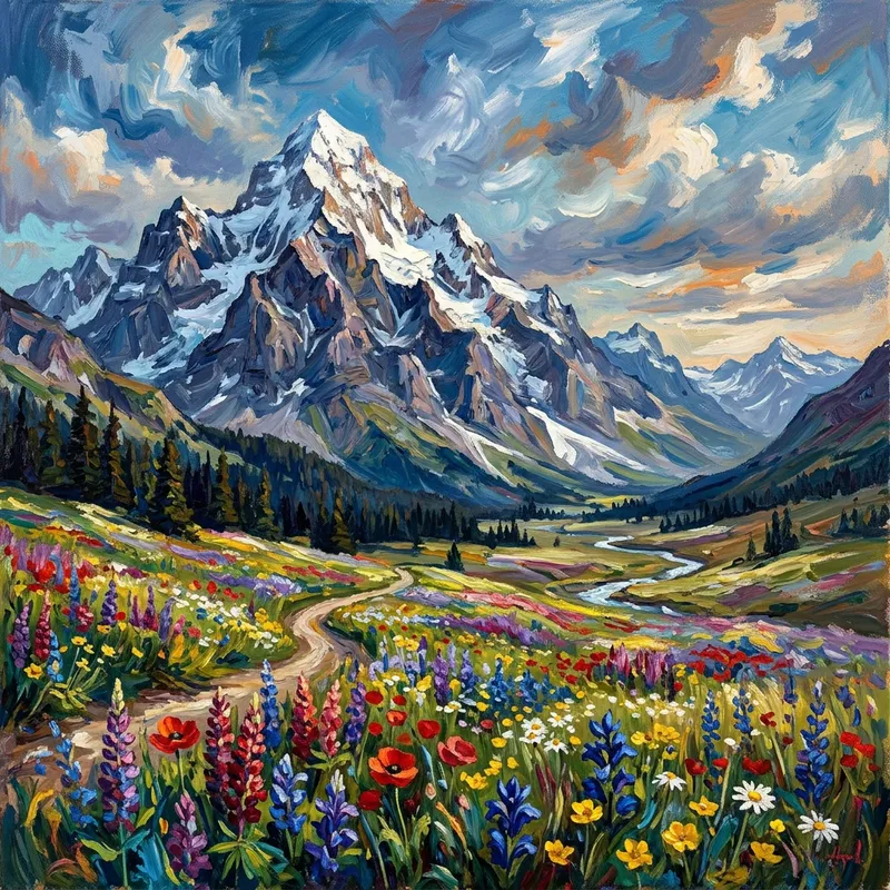 Majestic Mountain Peak & Colorful Wildflowers in Impressionistic Artwork