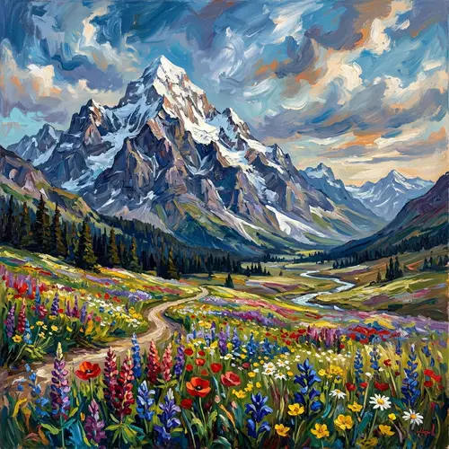 Majestic Mountain Peak & Vibrant Wildflowers in Impressionistic Style