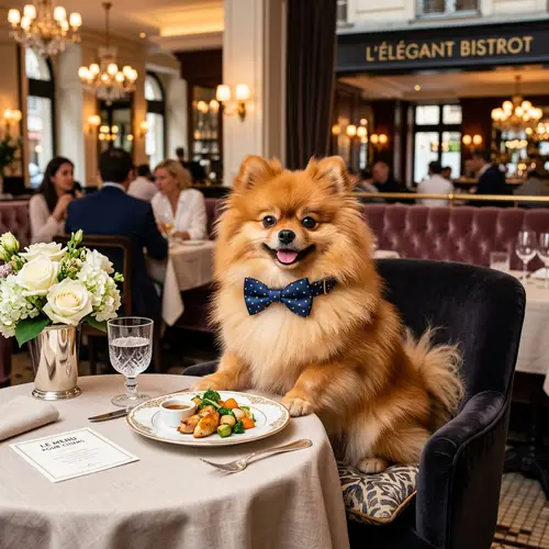 Fashionable Pomeranian Dining at French Restaurant | Pet Portrait