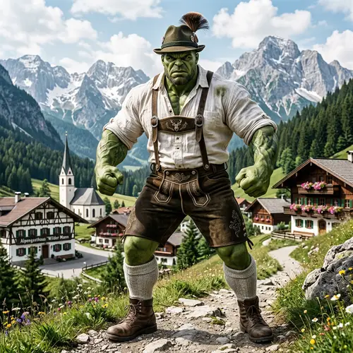 Muscular Green Man in Traditional German Lederhosen