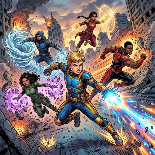 Dynamic Superhero Team in Action : Comic Book Art Style