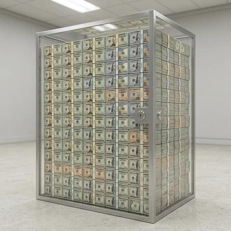 Transparent Cabinet Filled with US Dollar Bills - Real Life Display