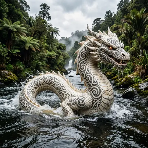 White Taniwha with Maori Moko - Mythical Creature from Maori Mythology