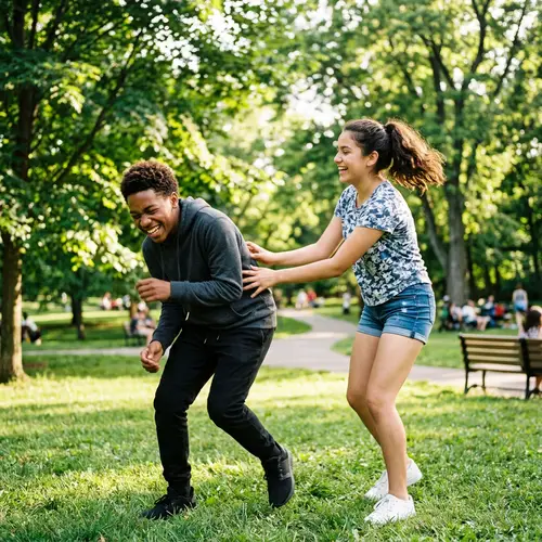 Teen Girl Playfully Tickles Boy in Park