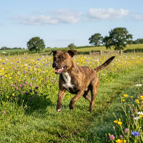 Playful Medium-Sized Brindle Dog in Lush Meadow | Friendly Nature