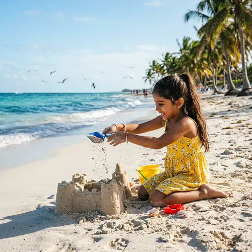 Young South Asian Girl Making Sandcastle at Beach