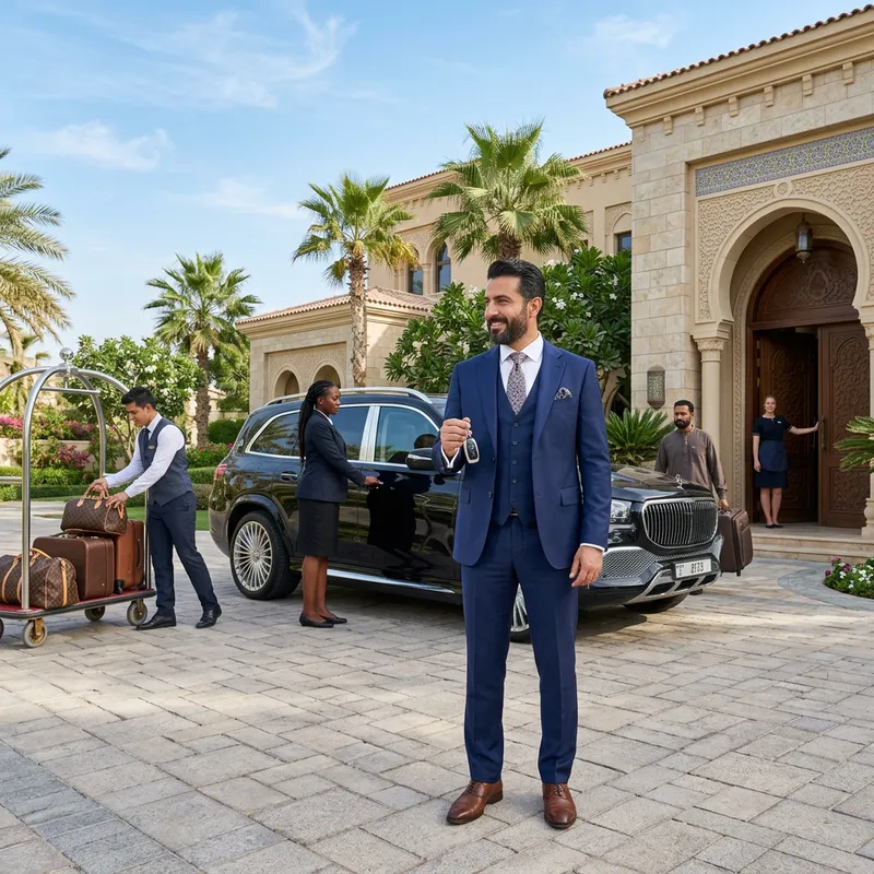 Wealthy Man with Luxury Car and Numerous Attendants