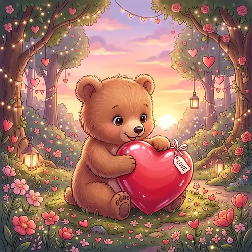 Adorable Baby Bear Celebrating Valentine's Day in a Dreamy Forest