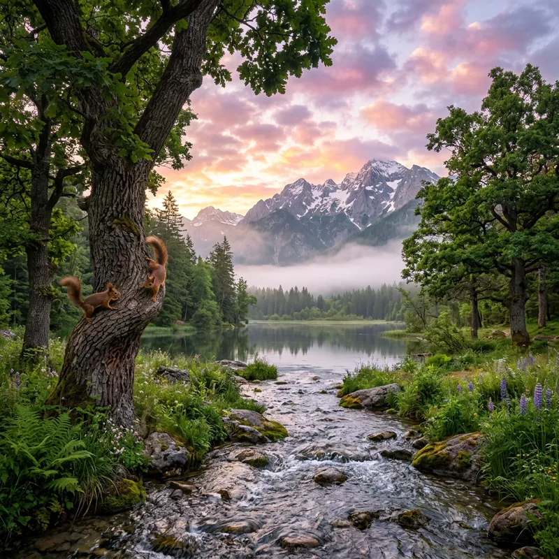 Serene Nature Landscape with Majestic Oak Trees and Squirrels