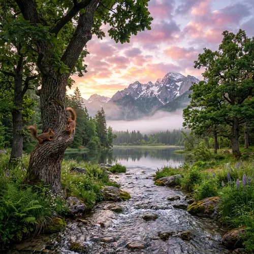 Majestic Oak Trees and Playful Squirrels in Serene Nature Landscape