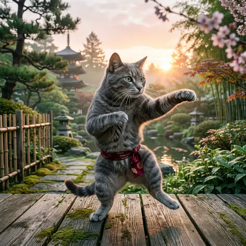 Domestic Short-Haired Gray Cat Demonstrating Kung Fu Stance