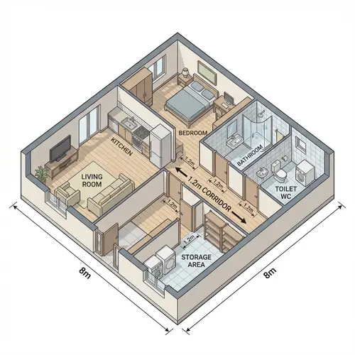 Isometric House Design: 8m x 8m Layout with Essentials