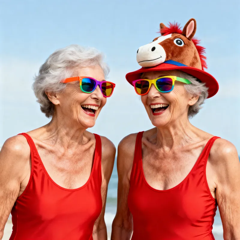 Eccentric Granny Friends in Stylish Red Swimsuits Eccentric Granny Friends in Stylish Red Swimsuits