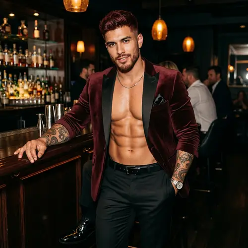 Powerful Hispanic Man with Dragon Tattoo in Maroon Tuxedo