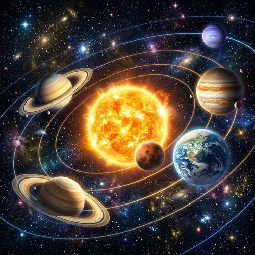 Radiant Sun and Planets: Cosmic Scenery Illustration