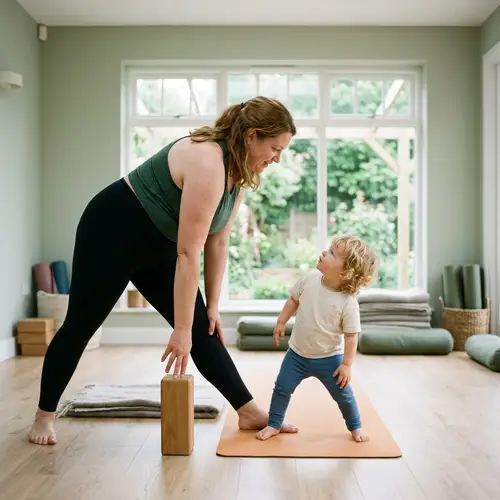 Plus Size Yoga Teacher Practising Iyengar Yoga with Curly Blond Toddler