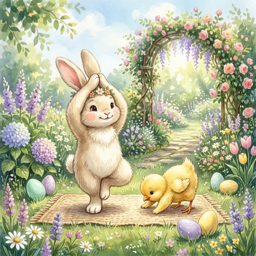 Easter-themed Yoga Scene with Bunny and Chick in Lush Garden