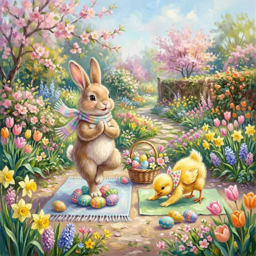 Easter-Themed Yoga Scene with Bunny and Chick in Lush Garden