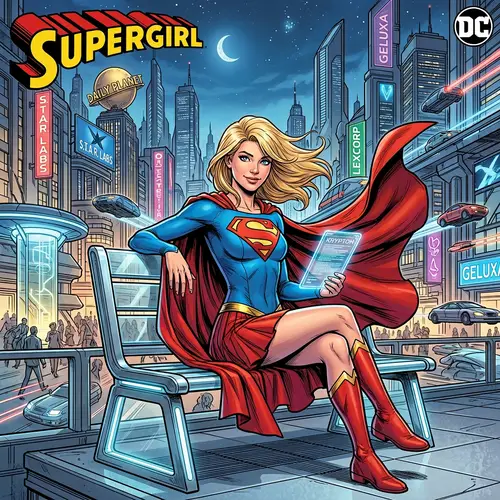 Supergirl in Futuristic City - DC Comic Art